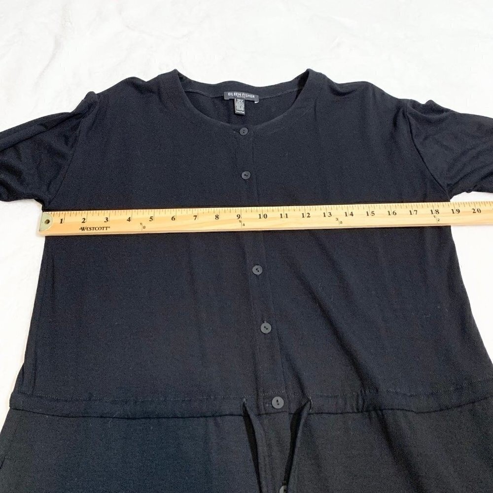 Eileen Fisher Button Front Long Sleeve Dress Women PM Black Drawstring Waist