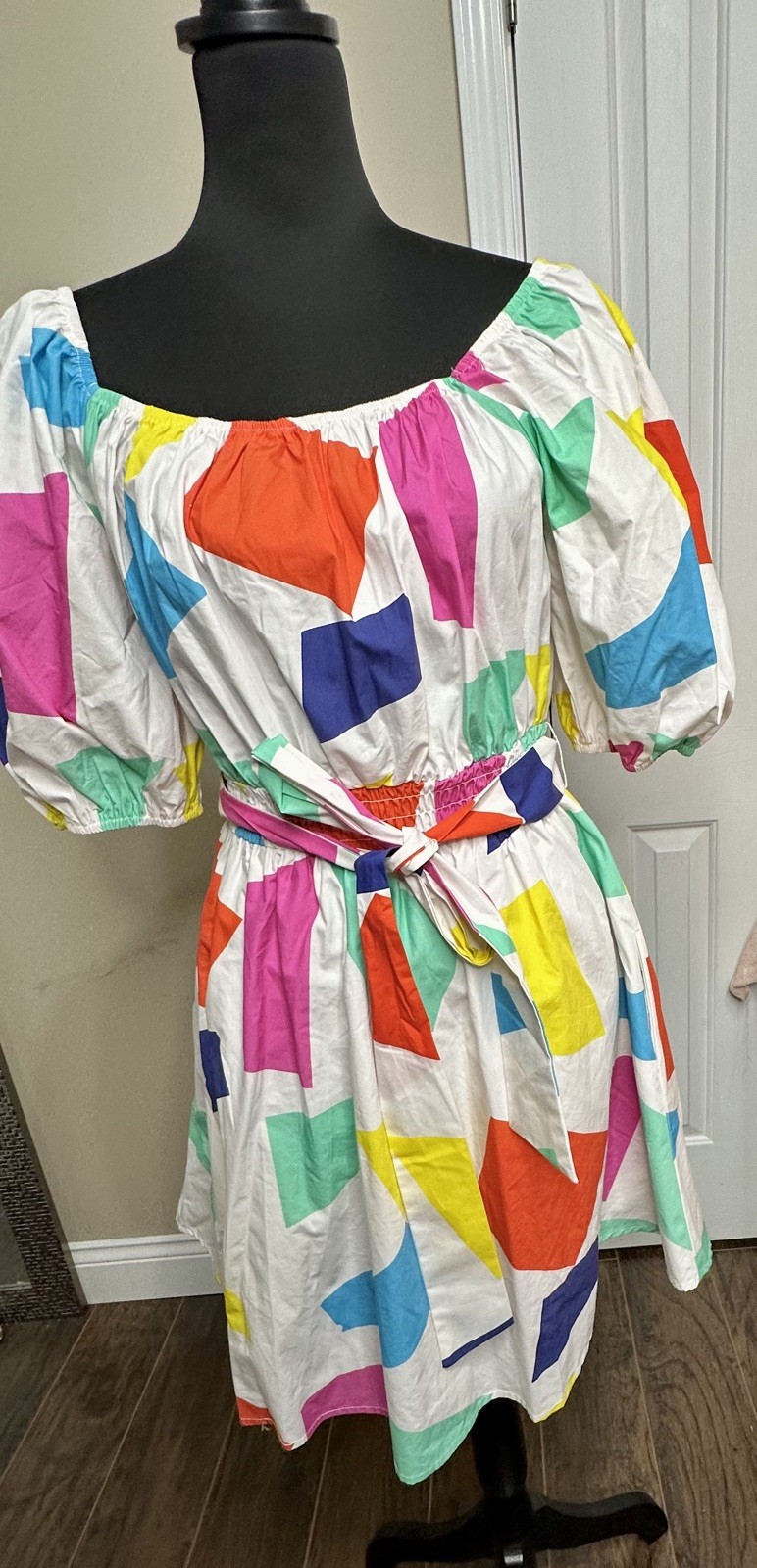 Peach Love California Mini Dress White Vibrant Multicolor Smocked tie waist L