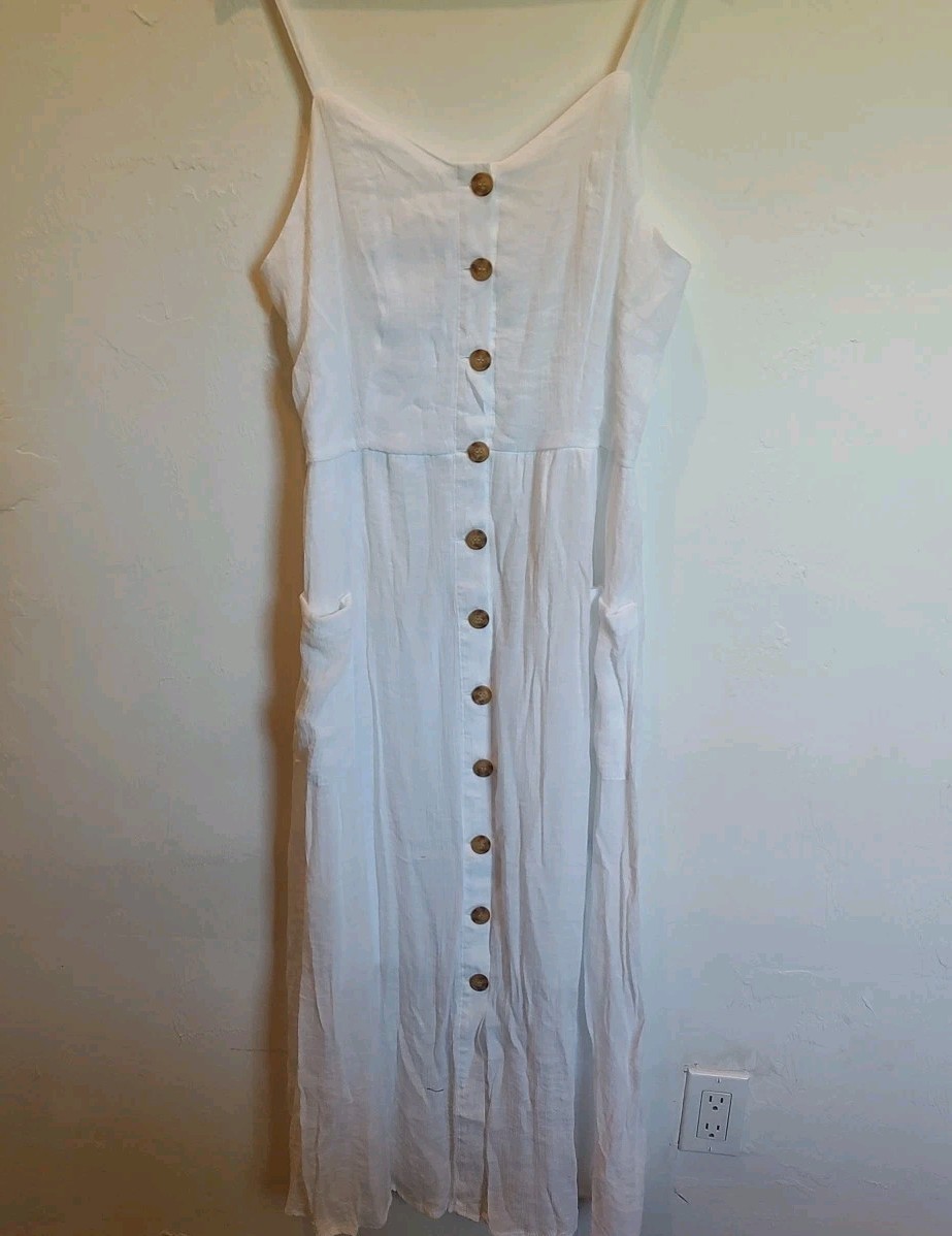 Women’s Sleeveless White Button down Dress Sz XL Graduation Summer Long Sheer
