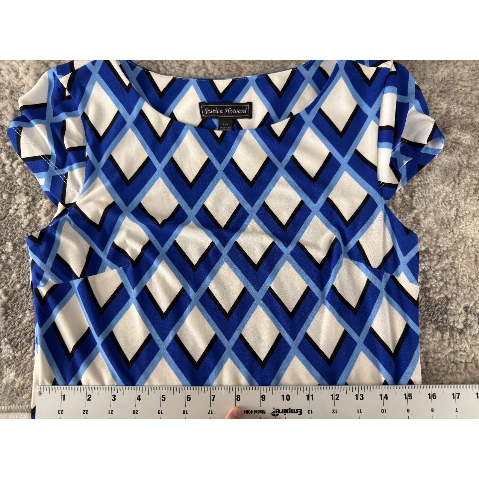 Jessica Howard Sz S Geometric Shift Mini Dress Blue cap Sleeve Pullover Stretch