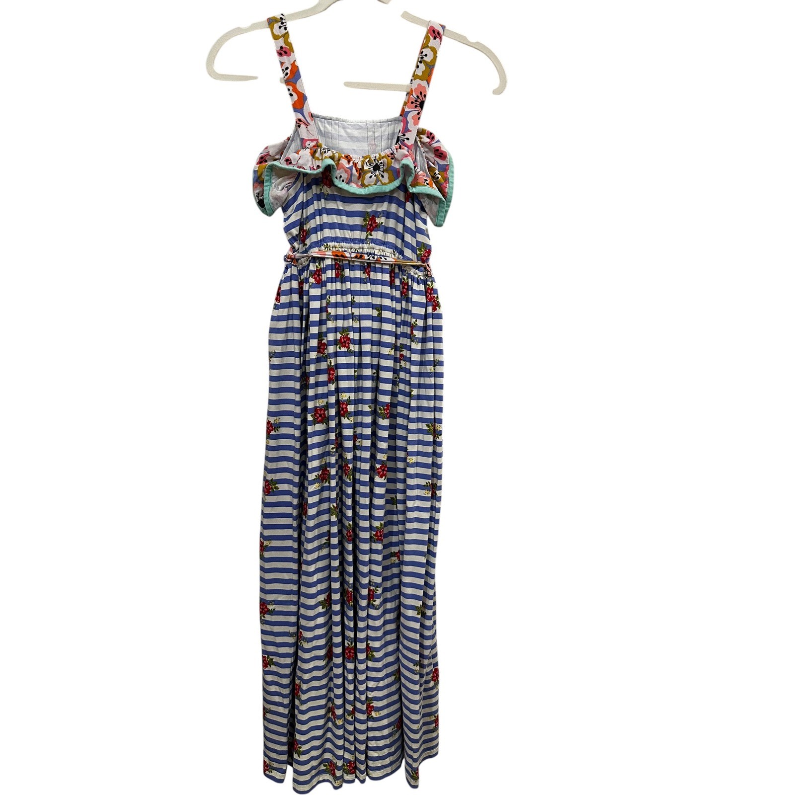 Matilda Jane Girls Blue White Striped Floral Maxi Size 12 Mixed Print Ruffle
