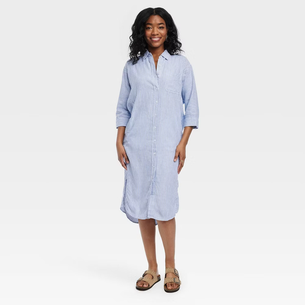 Universal Thread Women 3/4 Sleeve Midi Button Down Shirt Dress