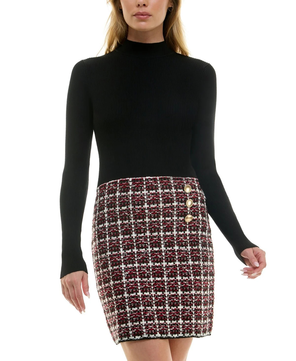 BCX Juniors’ Combo Tweed-Skirt Long-Sleeve Dress MSRP 59