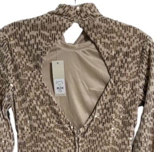 Francesca’s Blue Rain Mock Neck Sequin Mini Dress Womens S Beige Gold Open Back