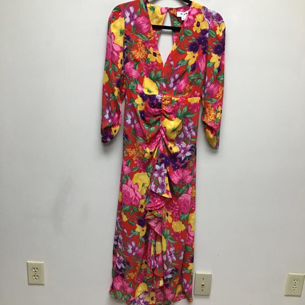 Rixo Womens Sheath Dress Multicolor Floral Ruched Maxi V Neck Long Sleeve 2 New