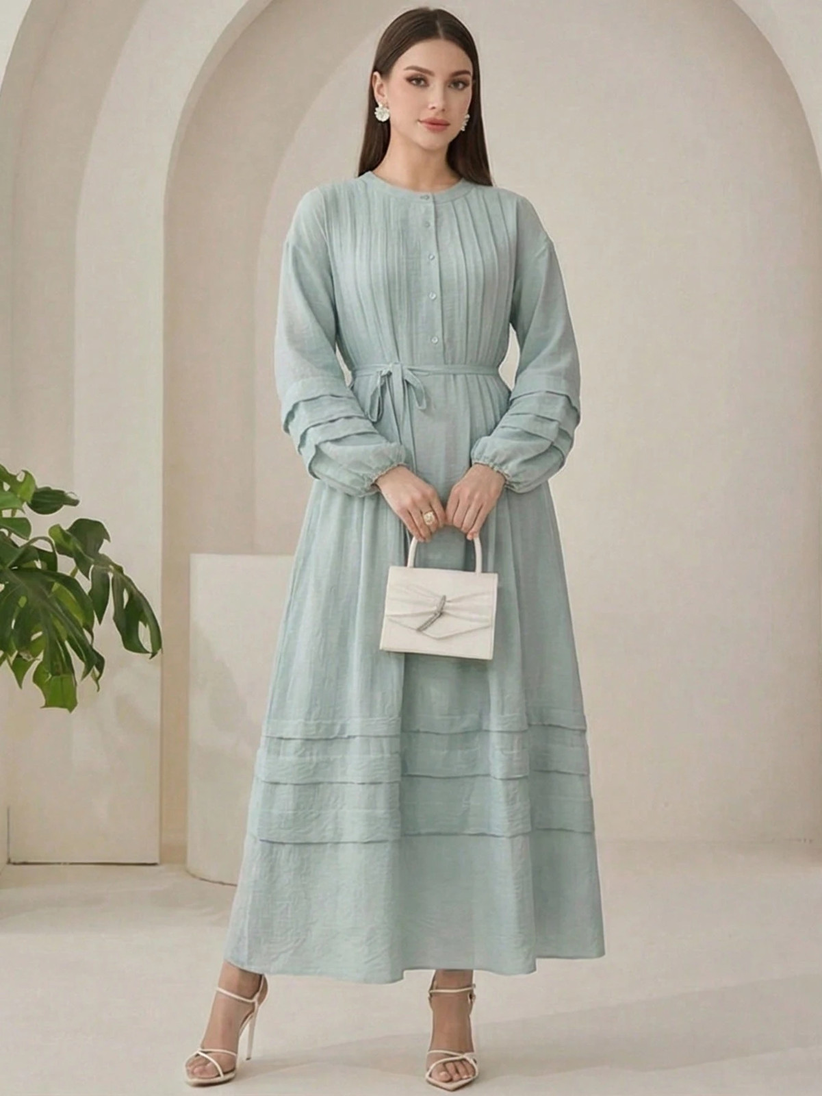 Womens Elegant Round Neck Button Detail Long Dress