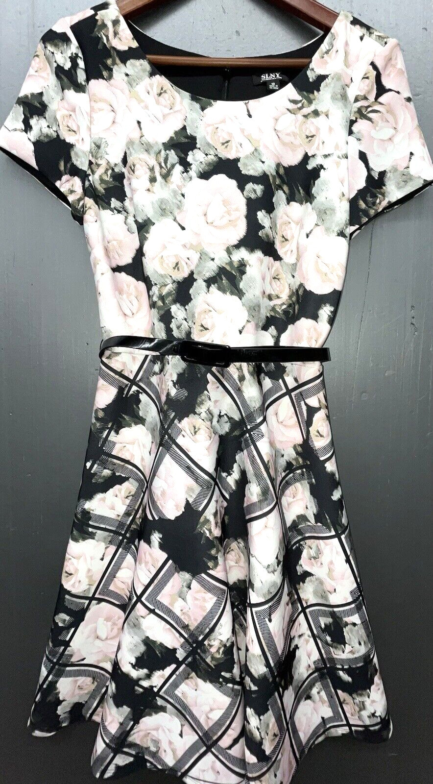 Skater Dress 10 Black Pink Floral Flare Belt Cottage Coquette Romantic