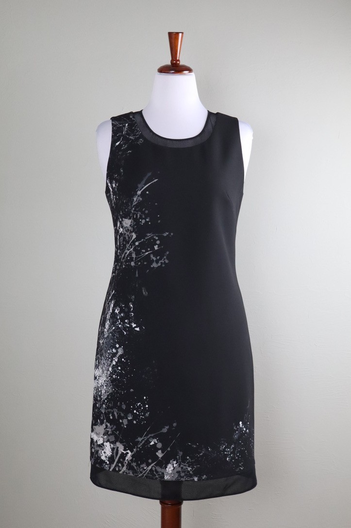 ELIE TAHARI $278 Mesh Trim Abstract Print Lined Sleeveless Shift Dress Size 8