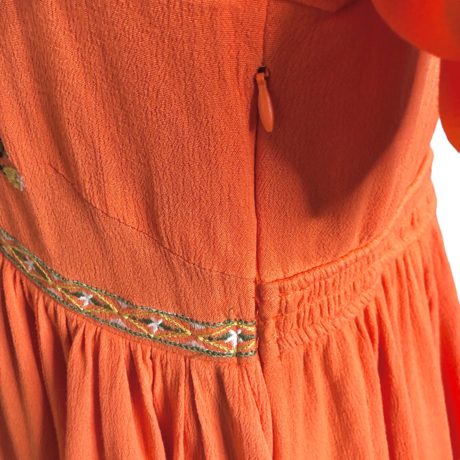 In Loom Boho Peasant Dress Medium Orange Green Embroidered Pullover Boho Tunic