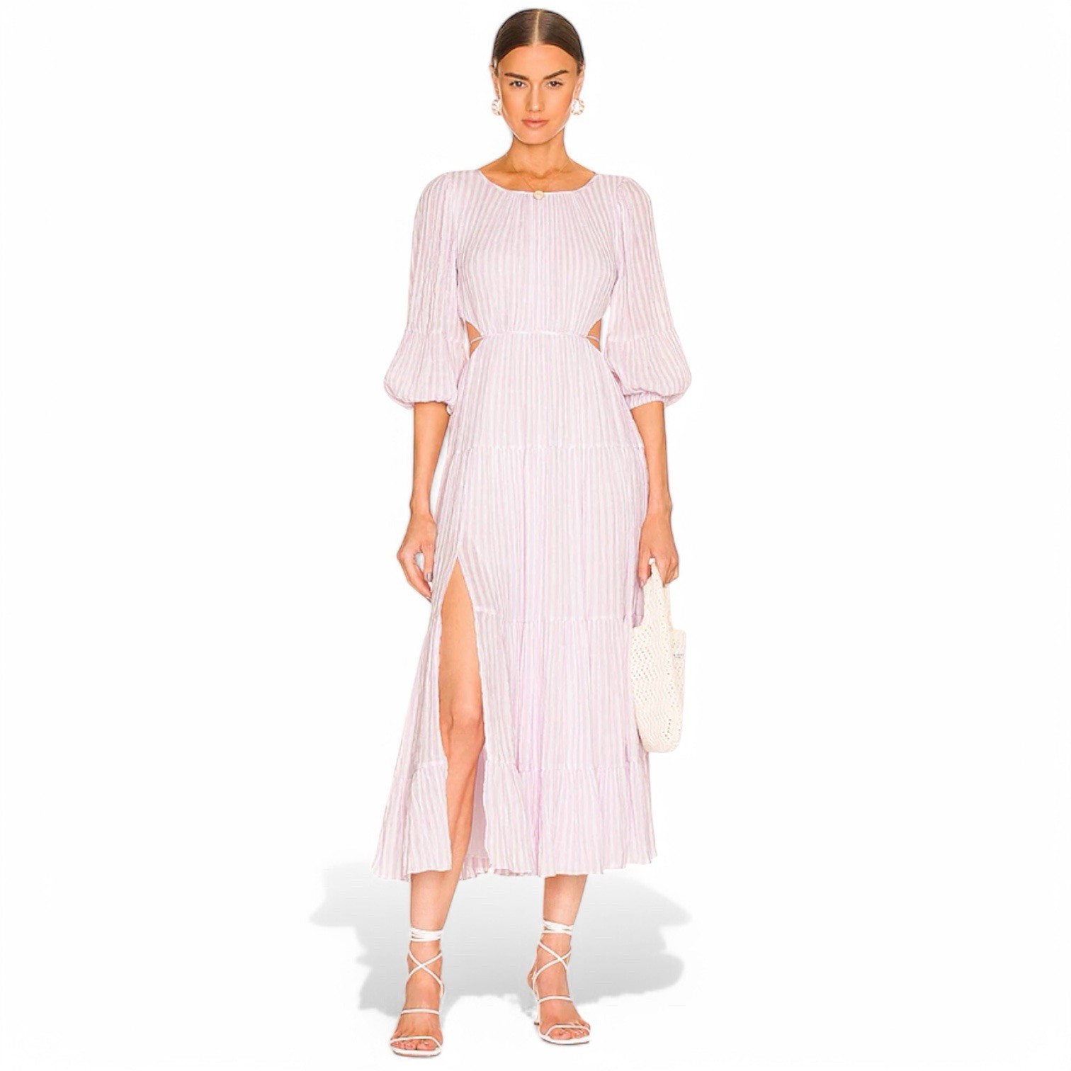 Cinq à Sept Seersucker Midi Dress Size 6 Lavender Ivory Smocked Elastic Waist