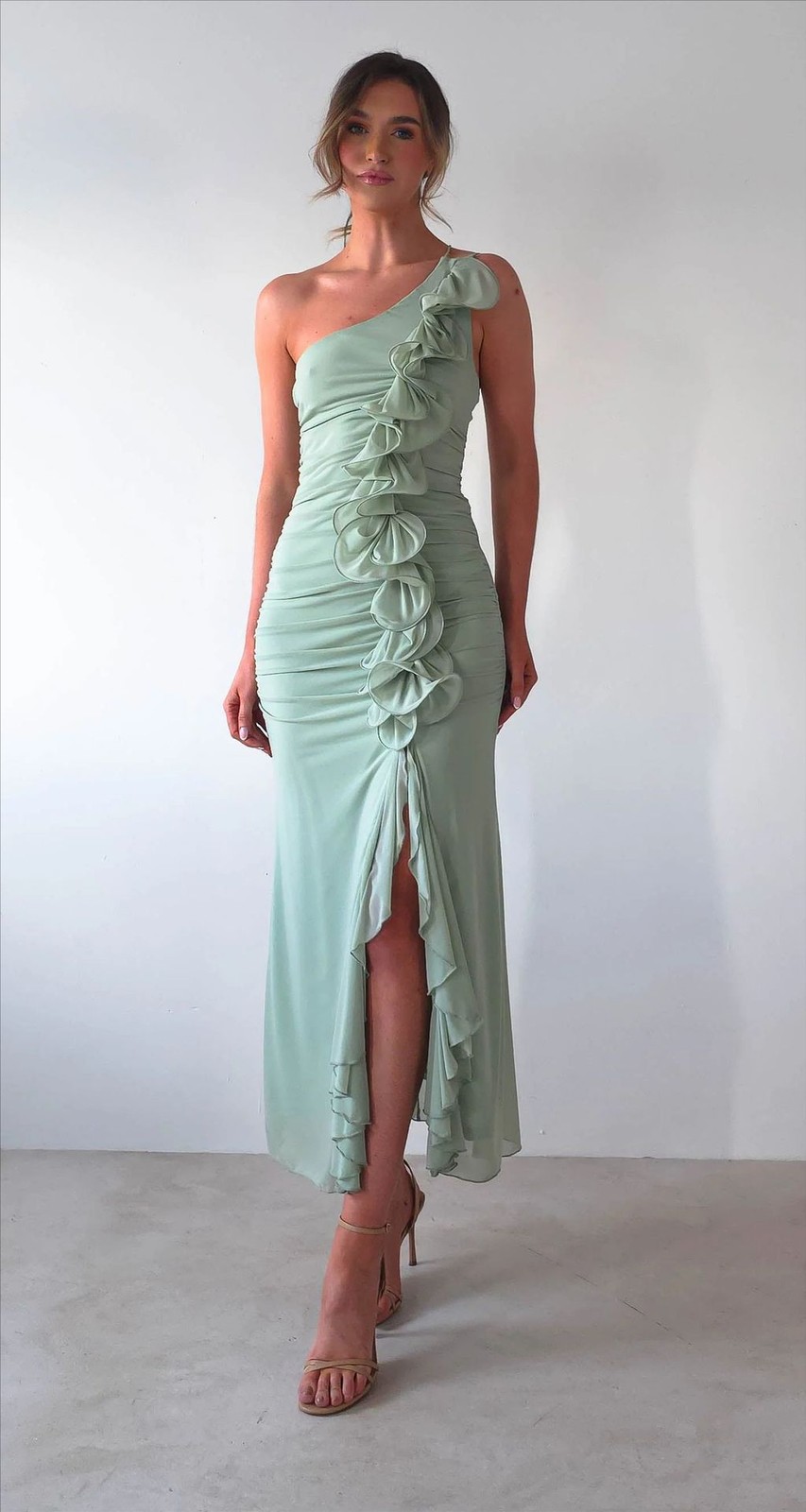Romantic Sage Ruffled One-Shoulder Dress