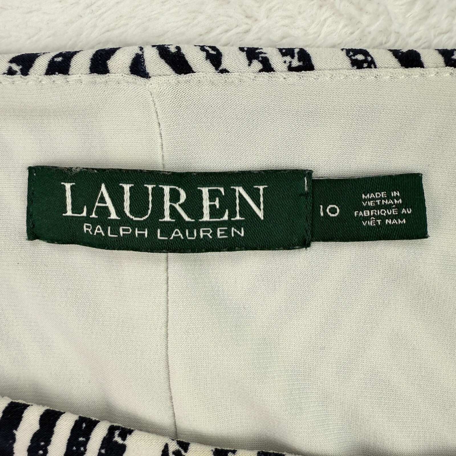 Lauren Ralph Lauren Dress Navy White Sz 10 Geometric Print Ruched 3/4 Sleeve