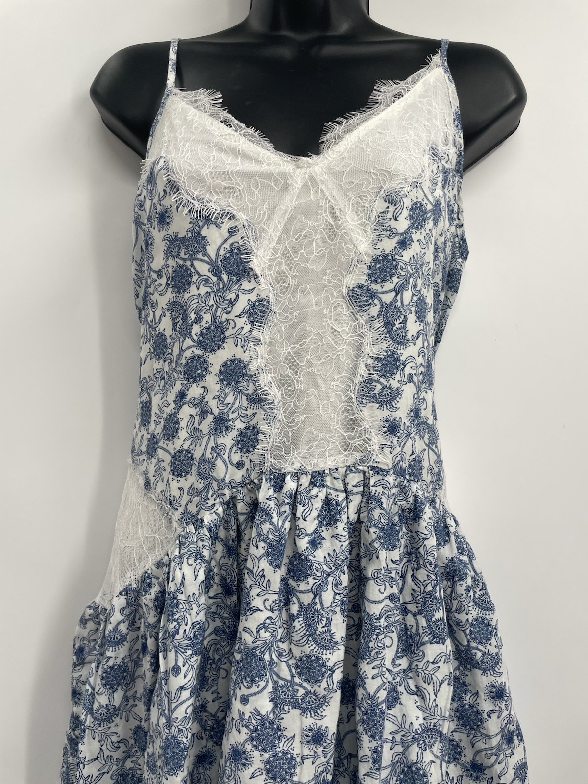 MAeve Womens Floral Blue / Ivory Pattern Sleeveless Lace Trim Mini Dress Size XS