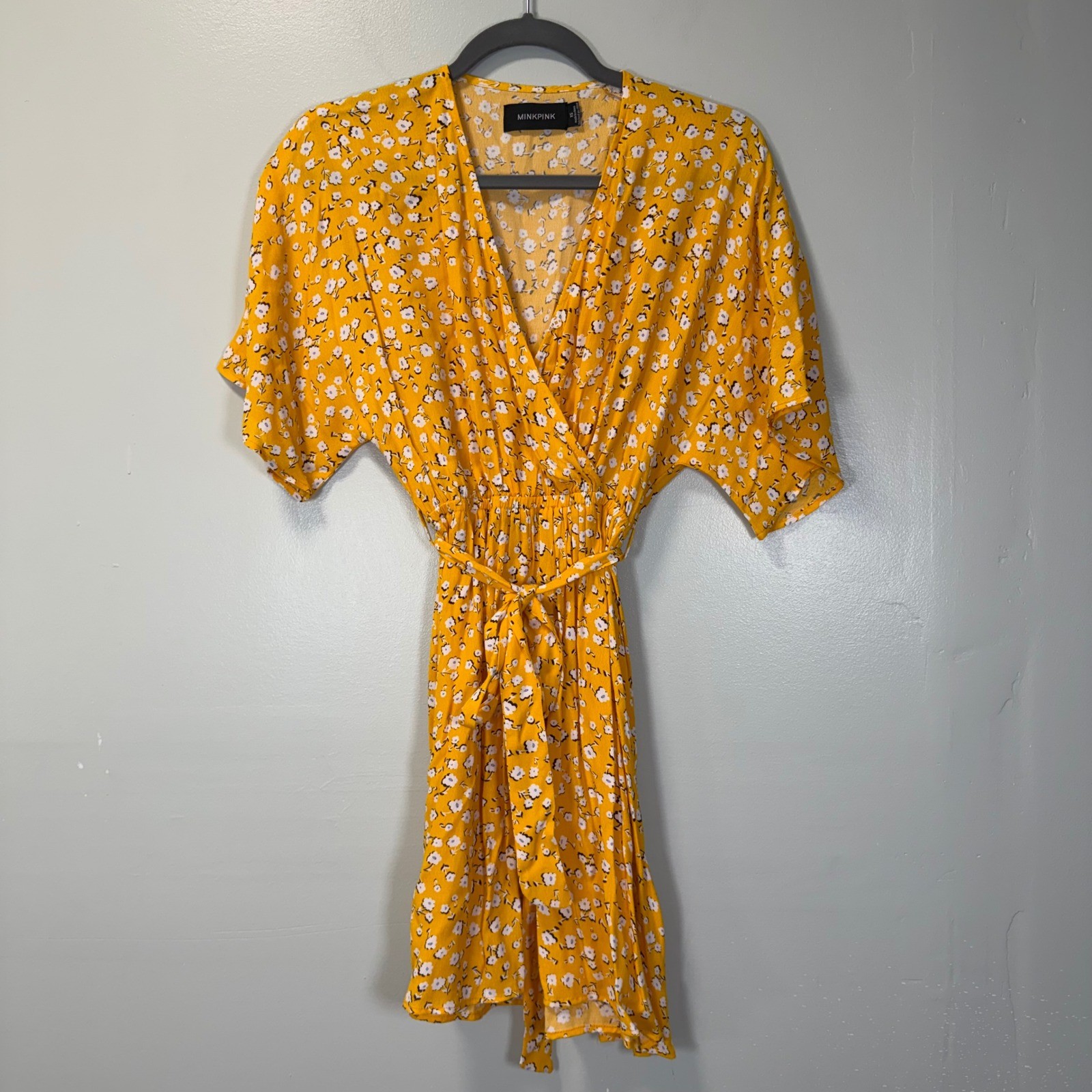 MINKPINK Mustard Yellow Daisy Floral Wrap Mini Dress Short Flutter Sleeve XS