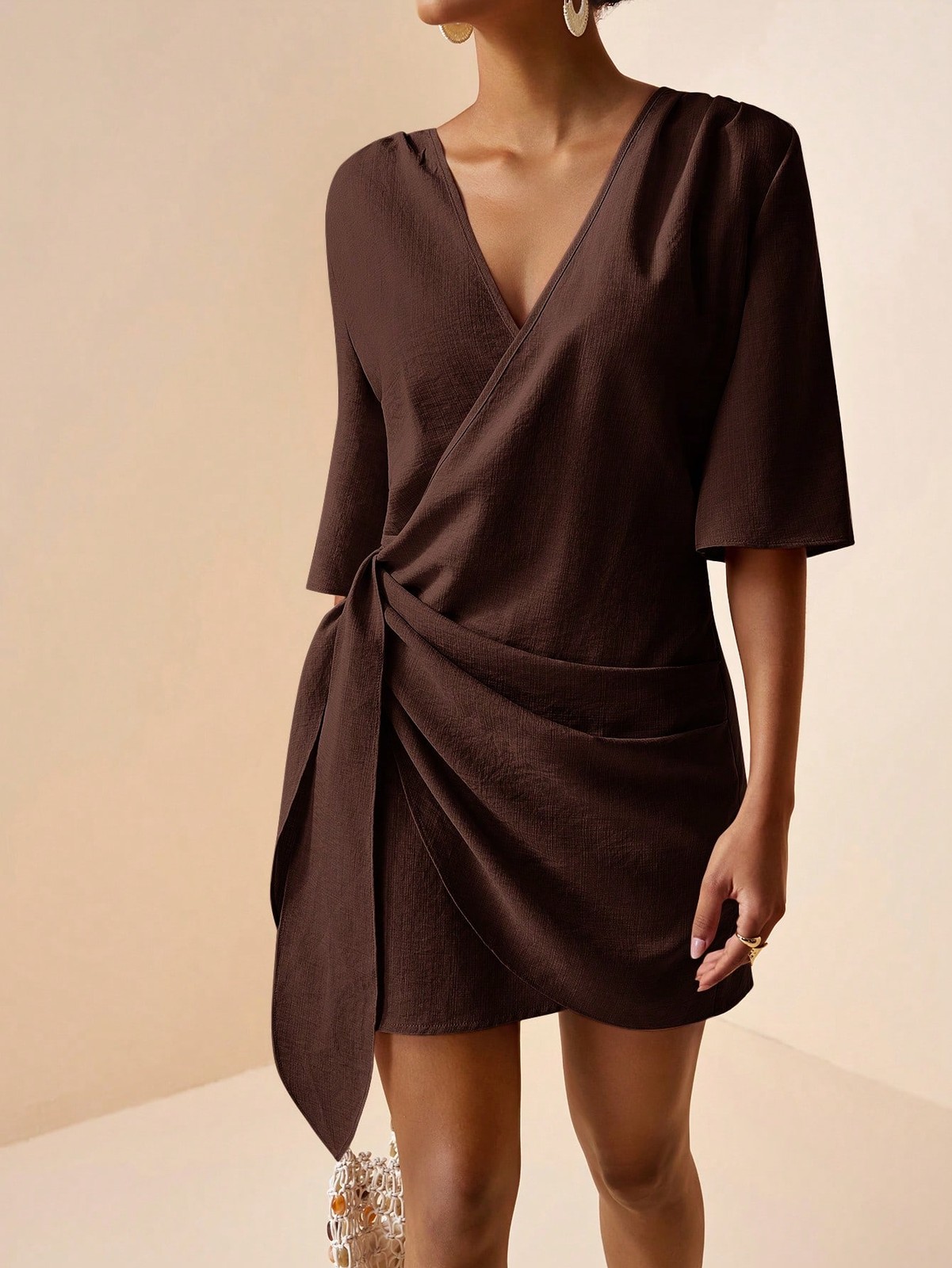 Elegant V Neck Mini Dress in Dark Brown