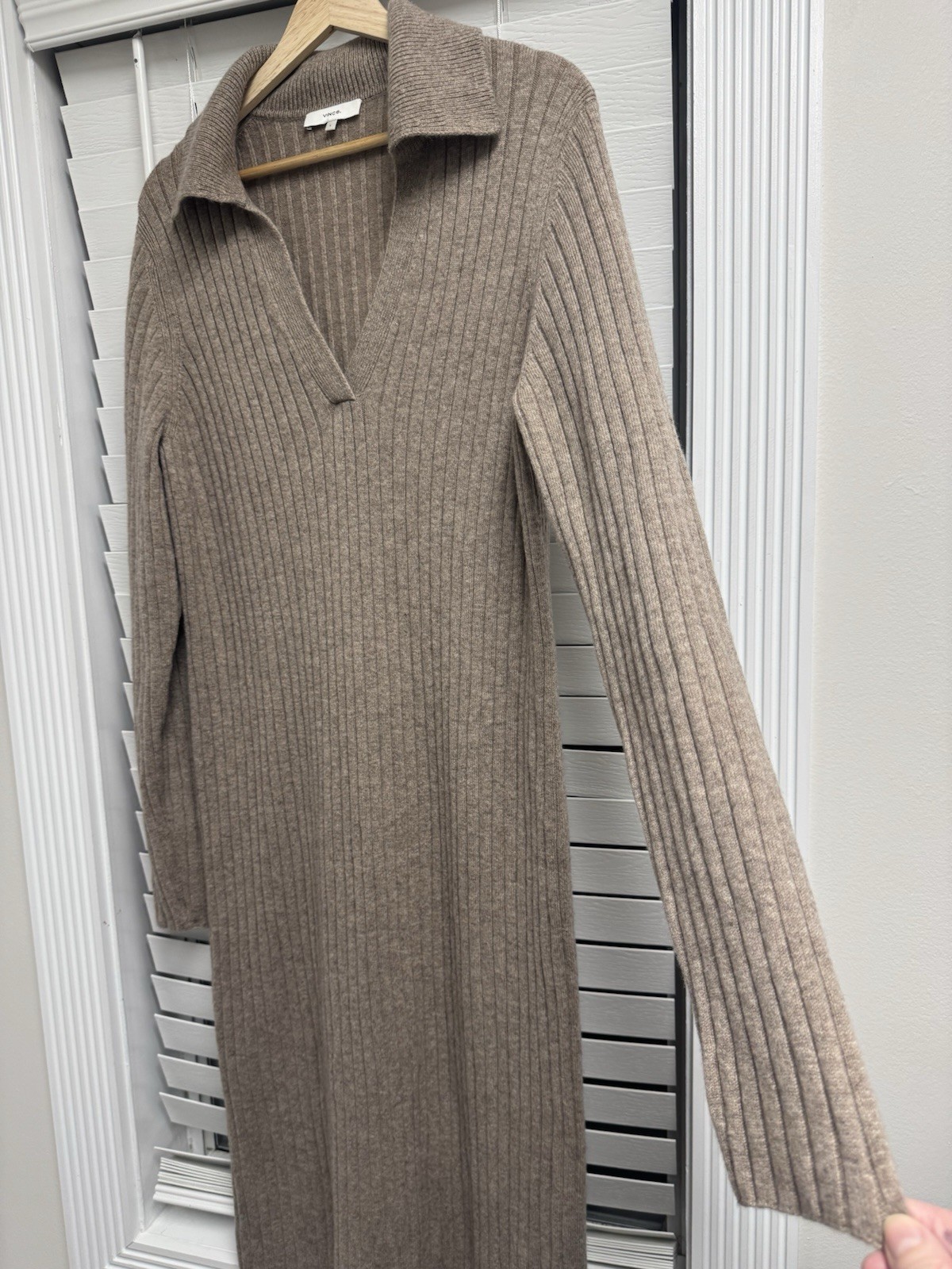 Vince Cashmere Wool Collared Ribbed Sweater Dress Polo Knit Brown Mocha Tan L