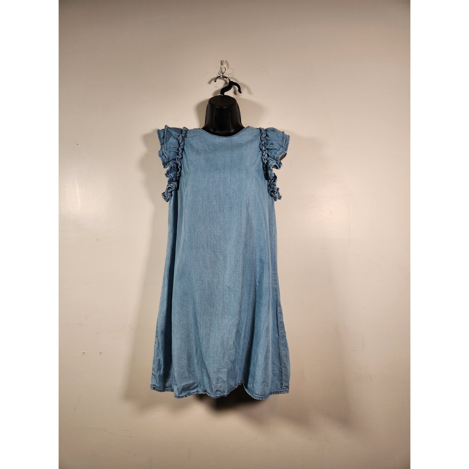 BLUE RAIN Chambray Mini Dress Women S Blue Tiered Ruffle Sleeve 100% Tencel Boho