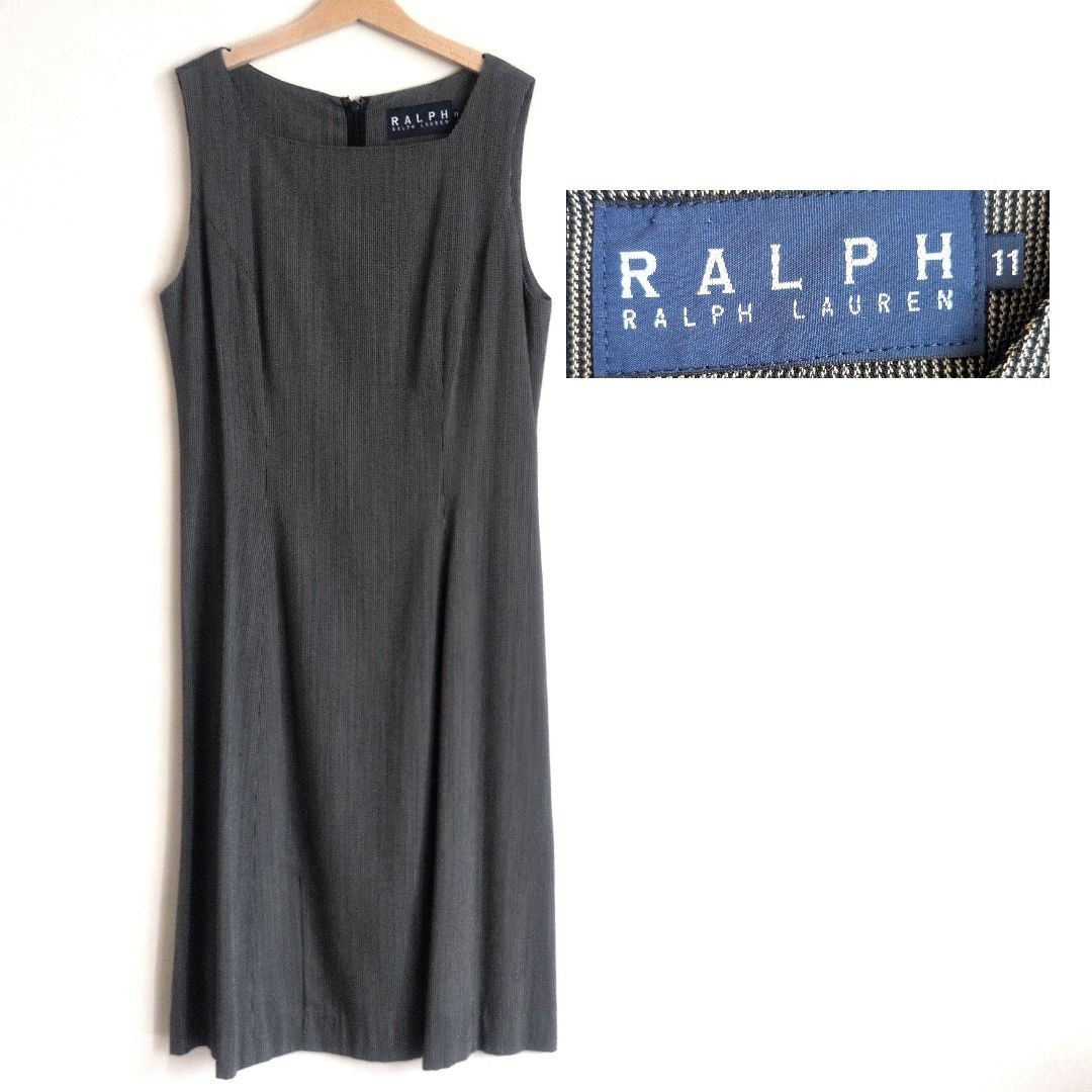 Vintage RALPH LAUREN Pinstripe Sleeveless Dress Size 11 L Gray Impact 21 Japan