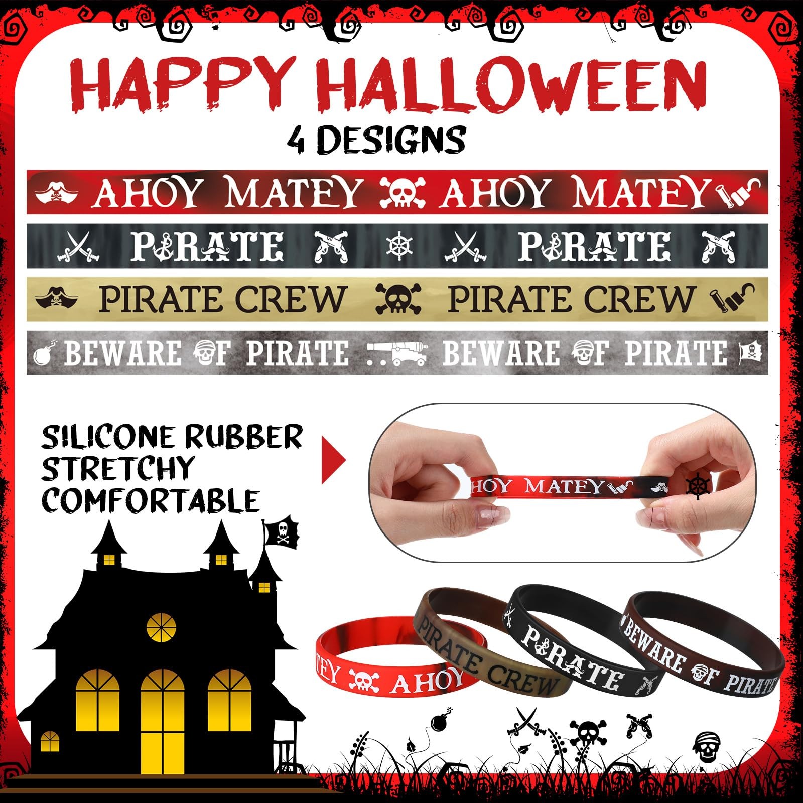 Capoda 24 Pcs Pirate Silicone Bracelets Ahoy Matey Caribbean Rubber Wristbands S