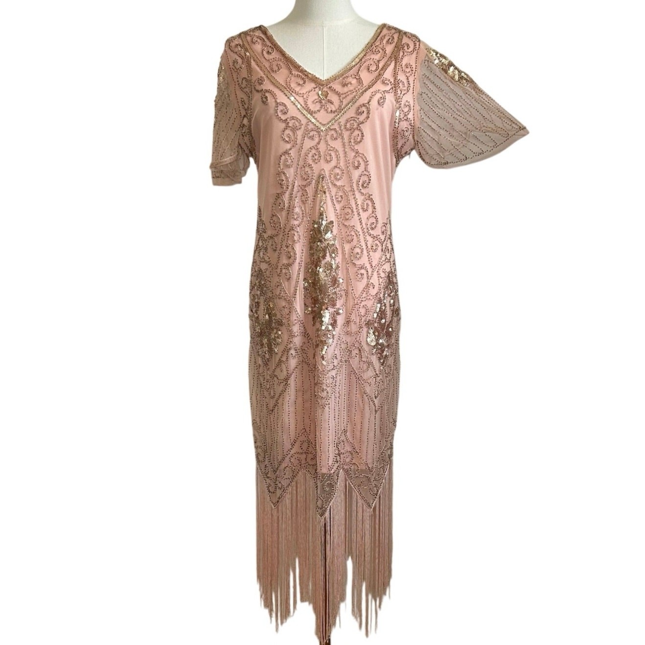 Pink Beaded Sequin Flapper Dress PS Fringe 1920s Style Art Deco Costume Party