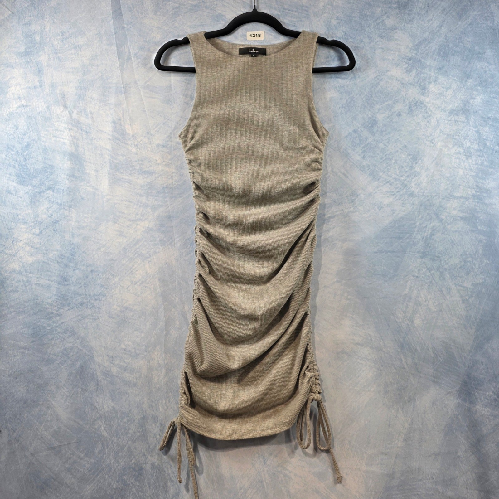 Lulus Womens Ribbed Knit Ruched Side Drawstring Sleeveless Mini Dress Beige Smal