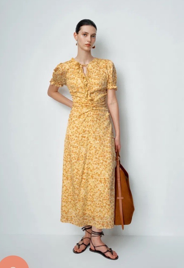 Fabrique Paula Hand Painted Flora Ruffle Dress in Matte Silk Crepe Size 6 US NWT