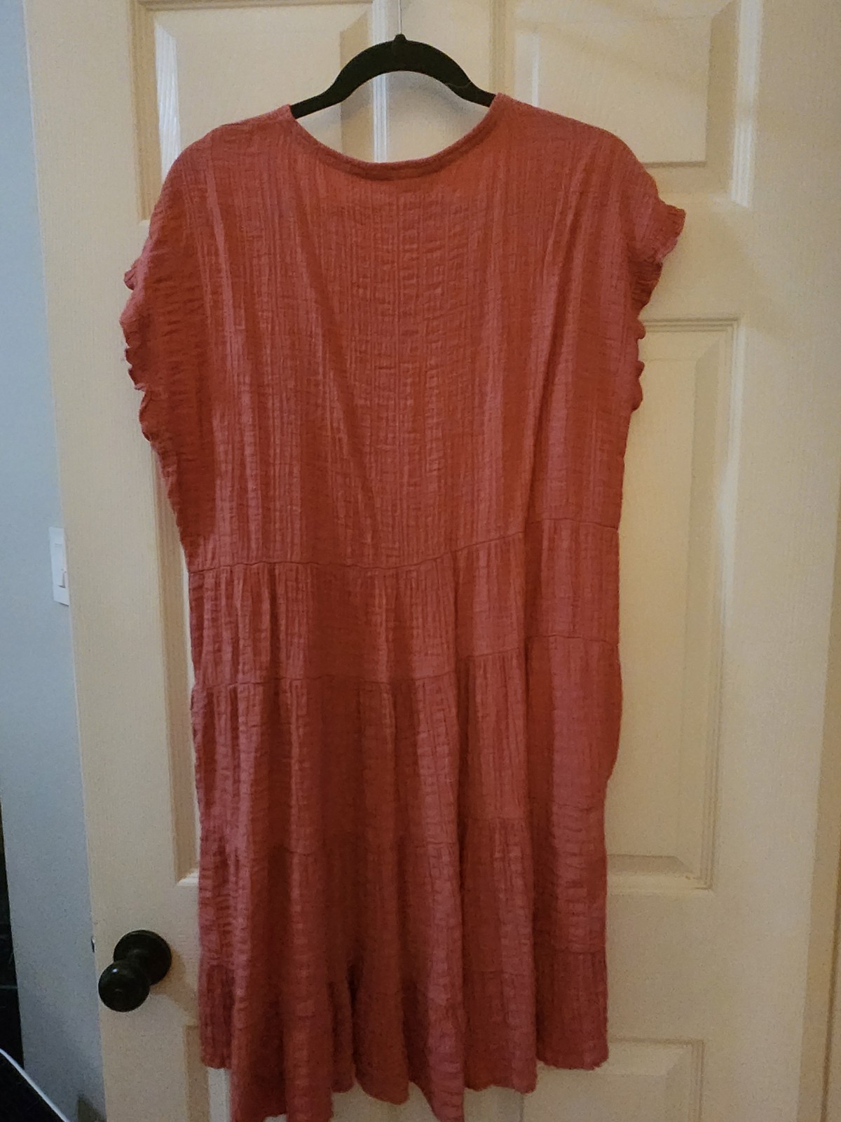 ROSE Pink Solid A-Line Dress Round Neck Ruffle Cap Sleeve Cotton Knee L