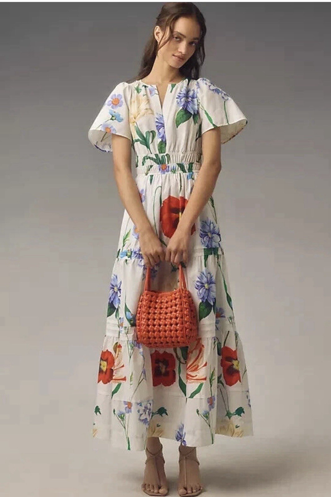 Anthropologie Somerset Tiered Maxi Dress Botanical Spring Flower Floral Sz M