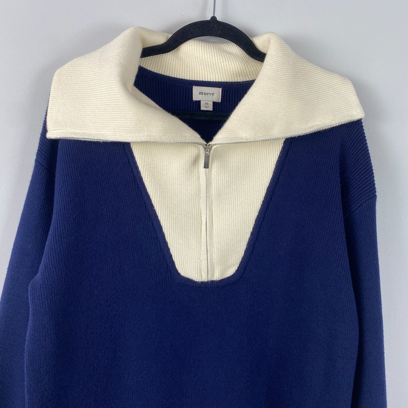 Maeve Anthropologie Flat White Varsity Sweater Twofer Mini Dress Size XS Navy