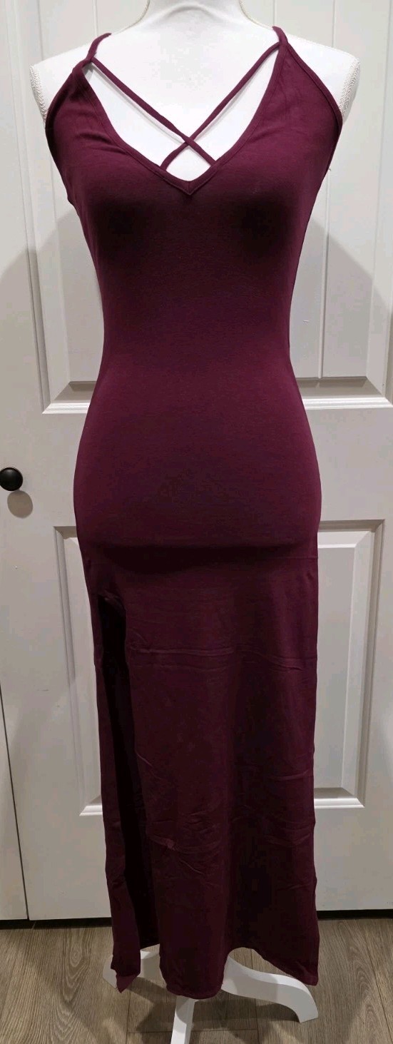 Bozollo Maroon Bodycon Maxi Double Side Slits Criss Cross Front & Back Size M