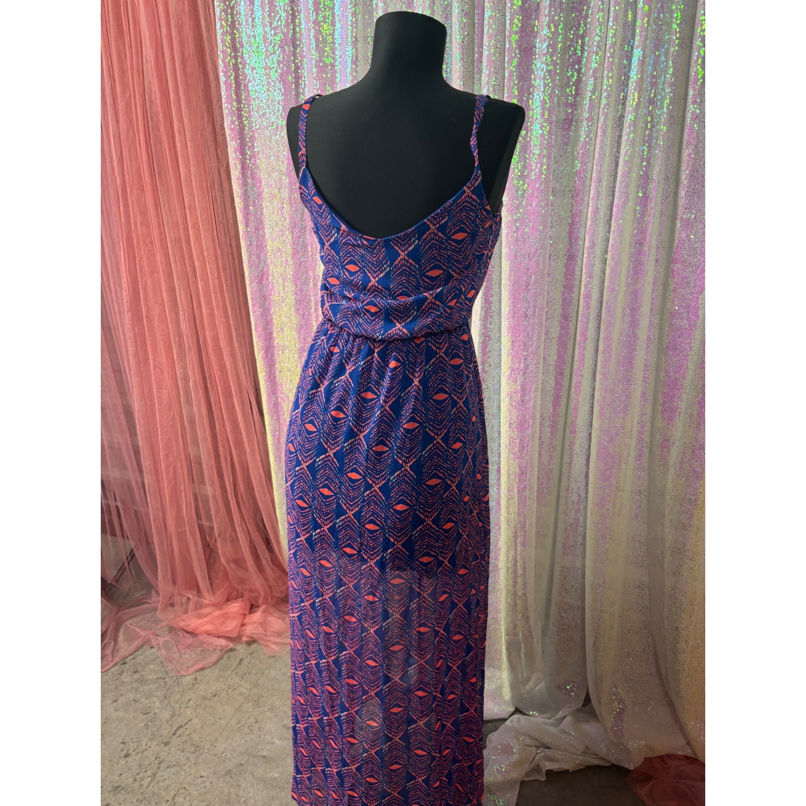 Dee Elle Blue Coral Tribal Geometric Cutout Maxi Dress Womens Size Small Boho