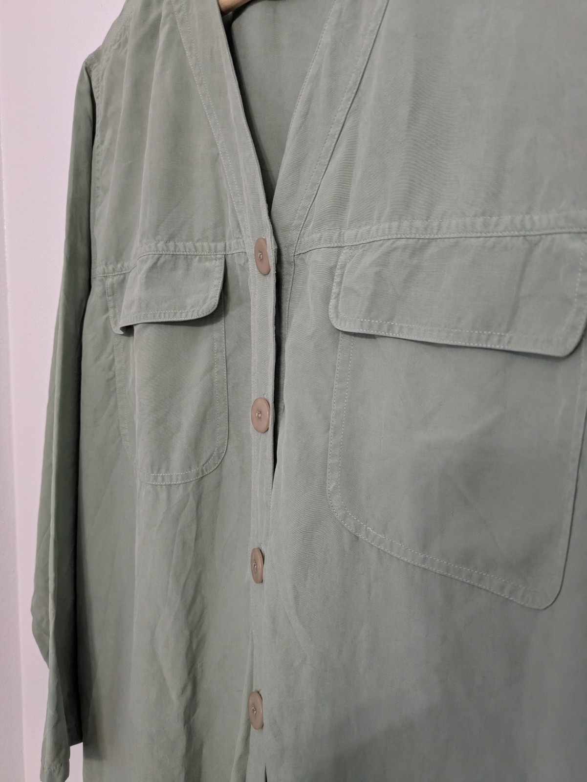 Victoria Soie 100% Silk Green Button Front V-Neck Midi Shirt Dress Sz 12 Pockets