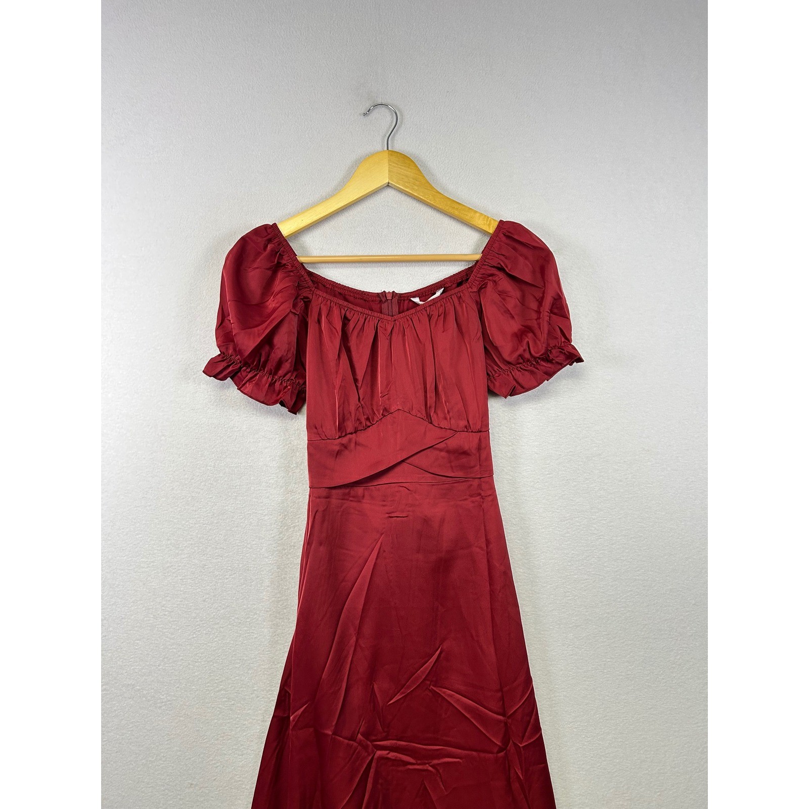 Kirundo Midi Dress Womens Small Burgundy New Puff Sleeve Satin A-Line Romantic