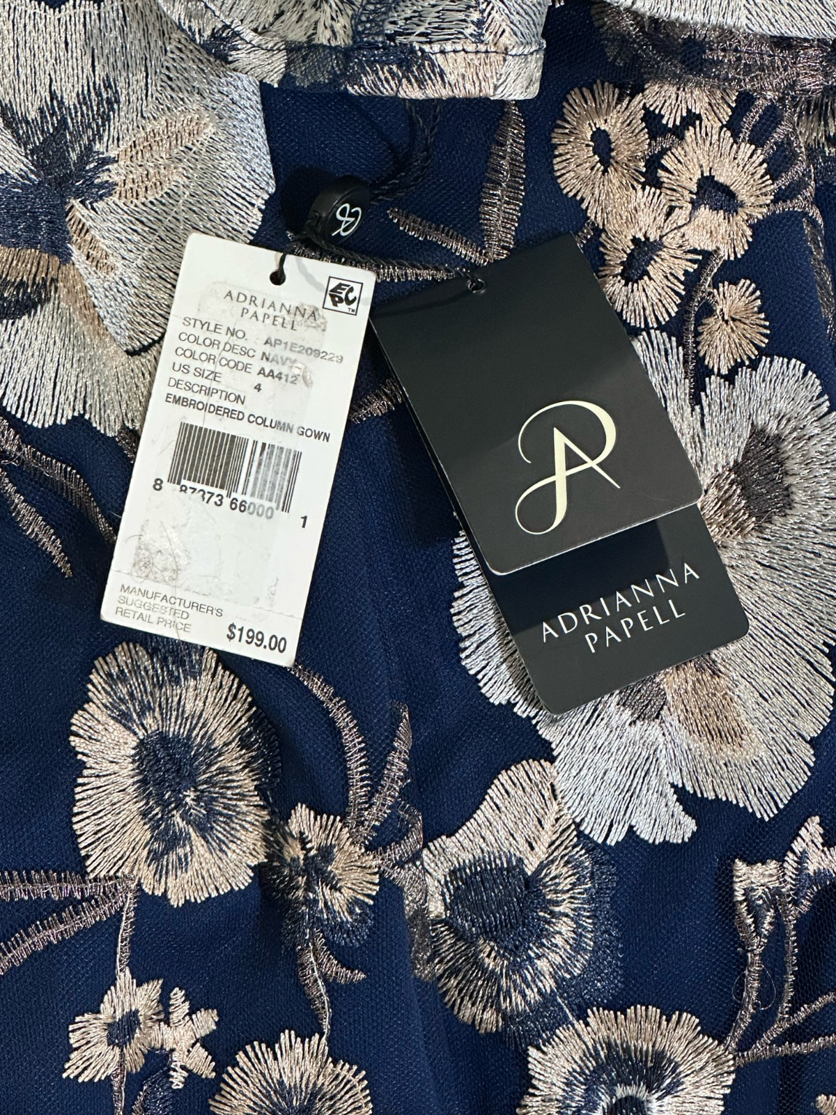 Adrianna Papell Navy Embroidered Bell Sleeve Sheath Gown NWT Sz. 4