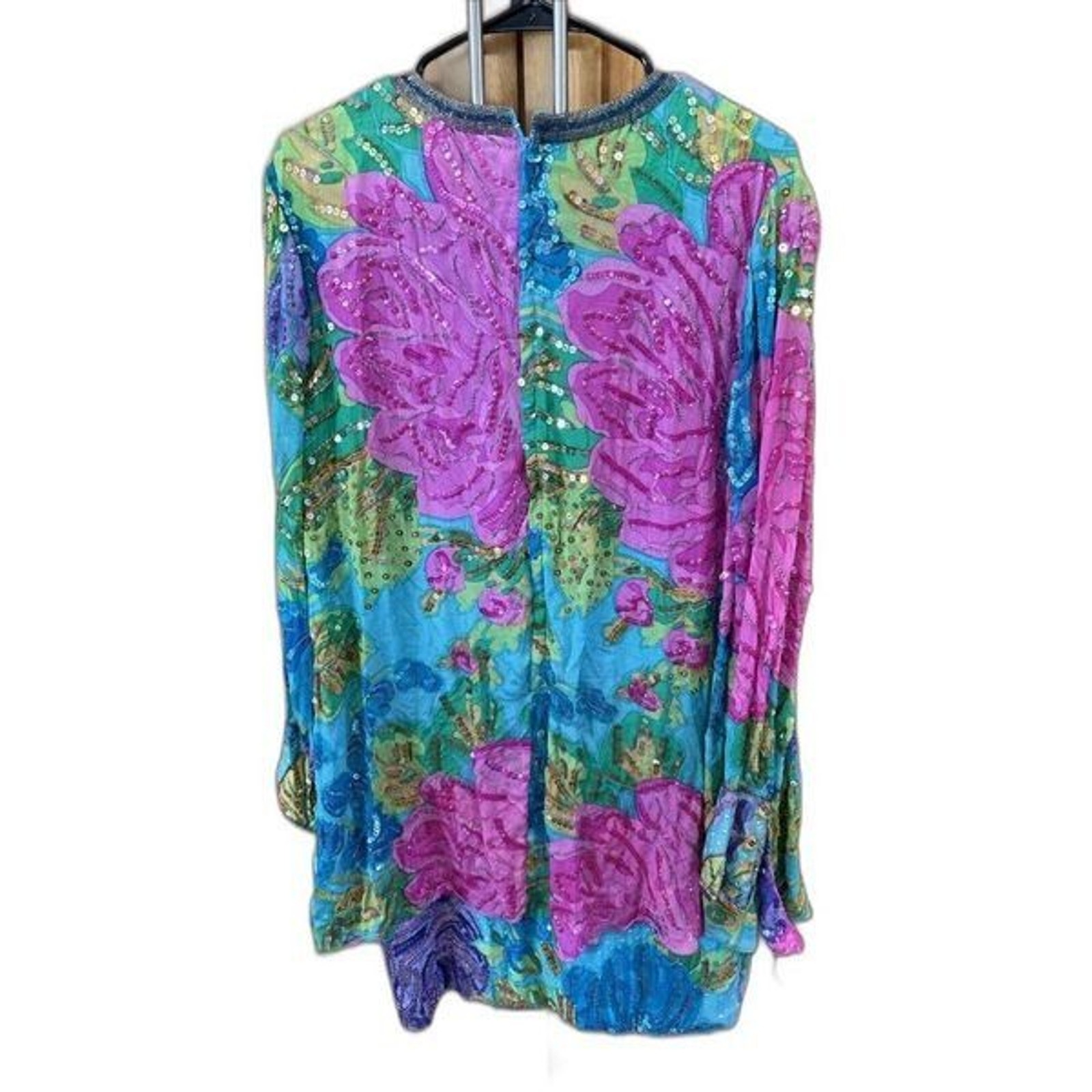 Judith Ann Creations Colorful Sequined Silk Blouson Dress M Vintage New Zip Hook
