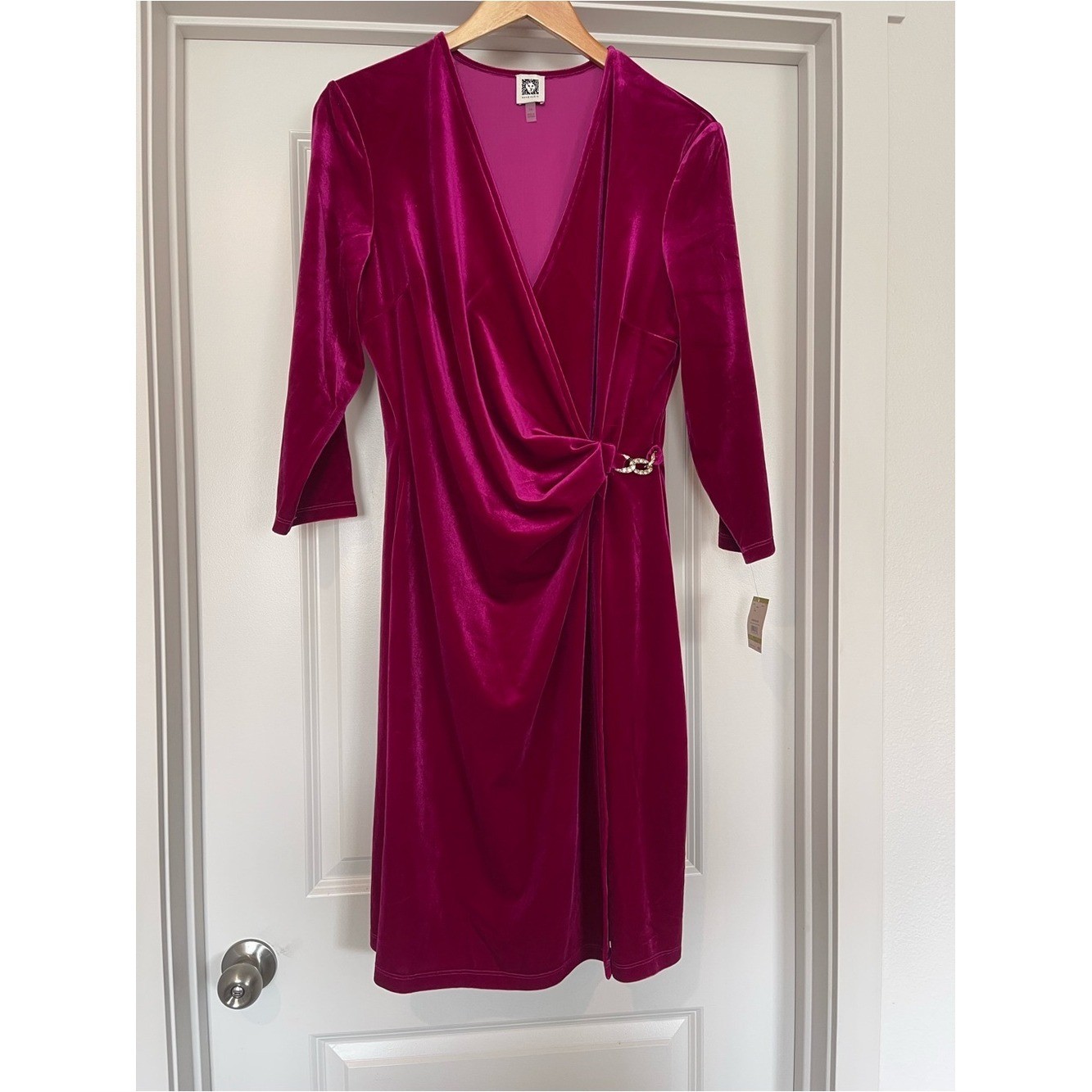 Anne Klein Velvet Wrap Dress in Fuchsia with Chain Rhinestone Accent NWT