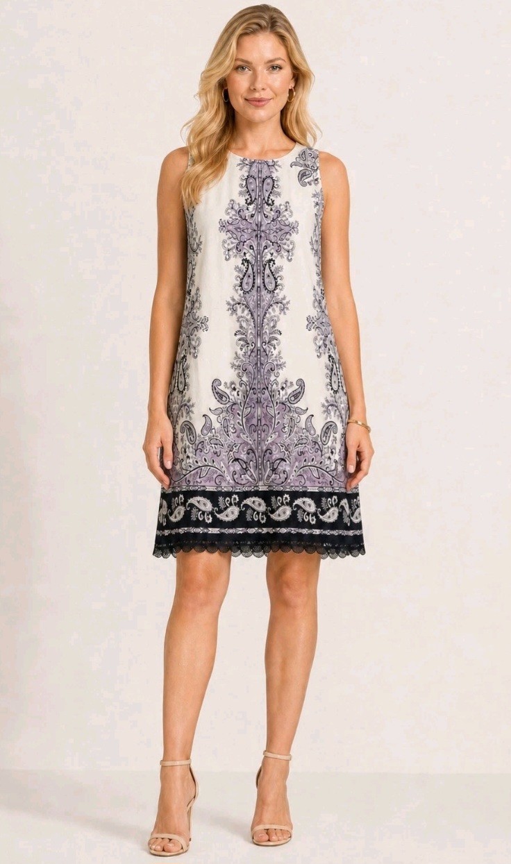Loft Linen Blend Lace Trim Sheath Dress 12 Sleeveless Round Neck