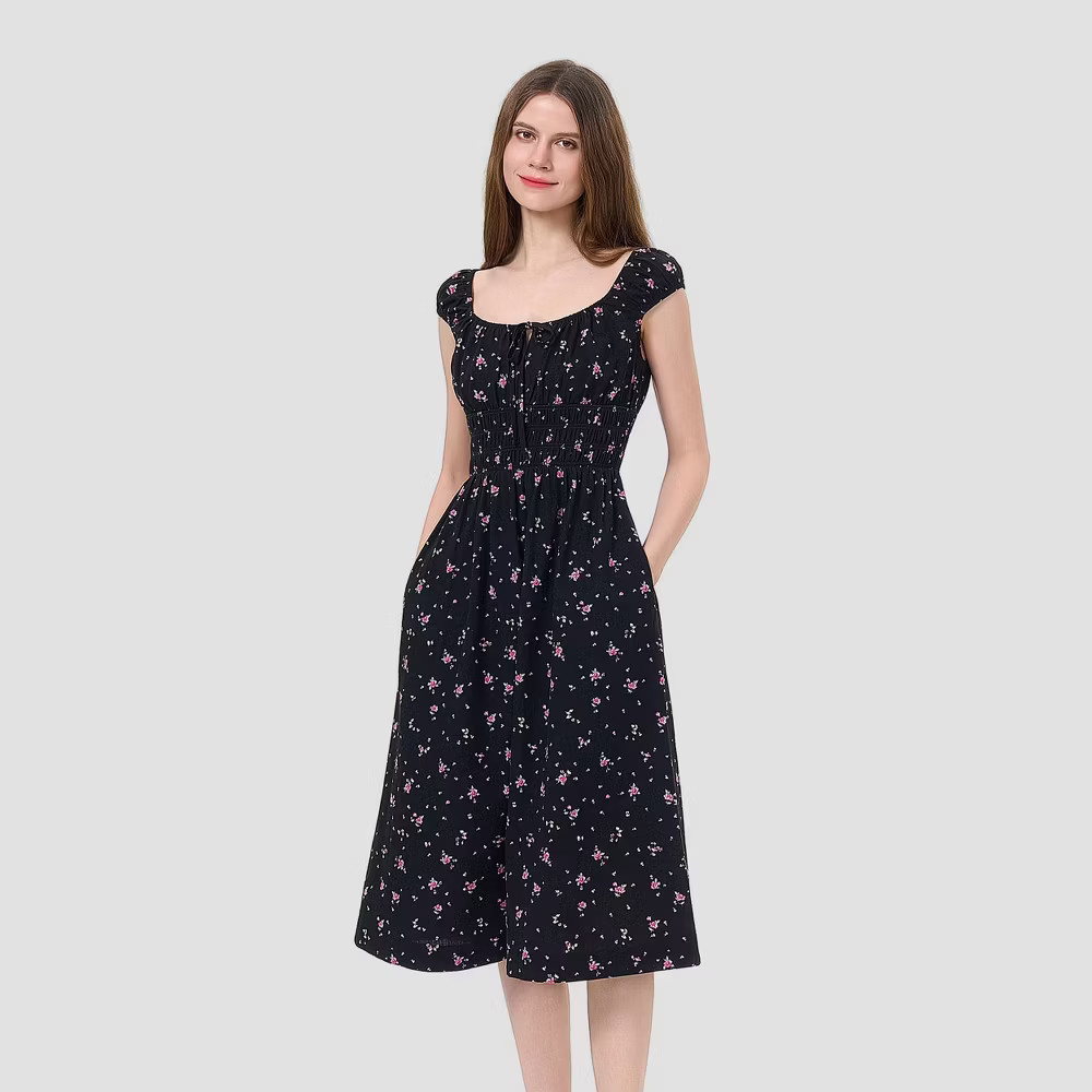 Women Cap Sleeve Boho Midi Dress – Universal Thread Black Floral M