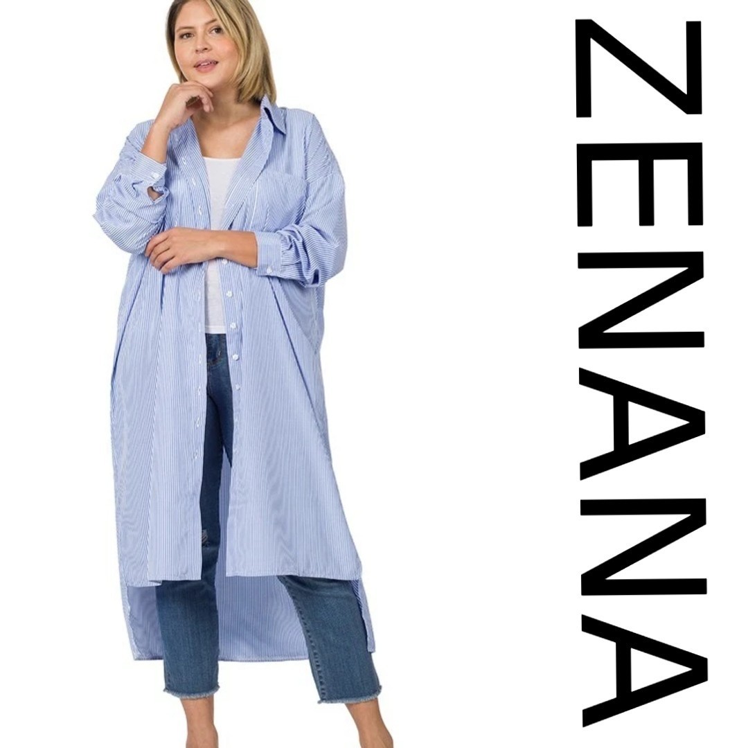 1X 2X 3X OVERSIZED PLUS ZENANA LT BLUE STRIPE BUTTON FRONT SHIRT DRESS BHCS