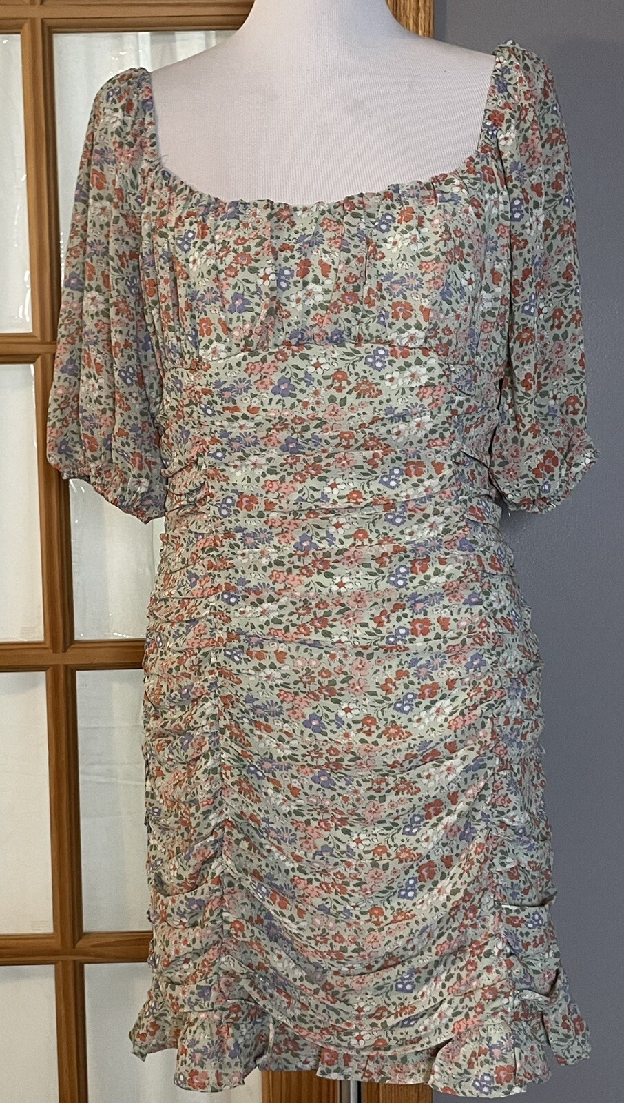 Lush Sage Floral Bodycon Dress Women’s XL Mini Ruched Balloon Sleeves Chic Party