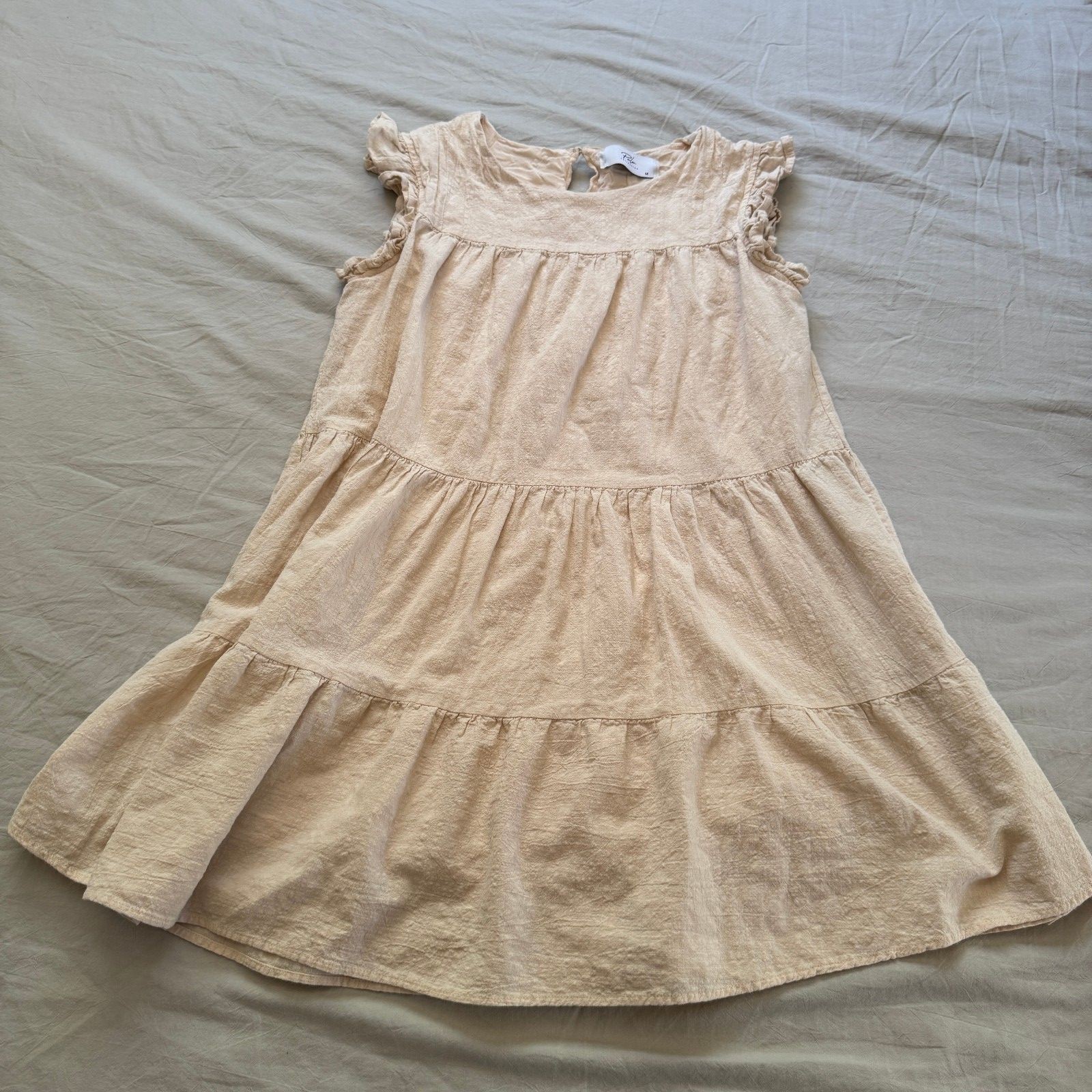 Palm Collection Tiered Babydoll Mini Dress Tan Beige Linen Look Boho Medium