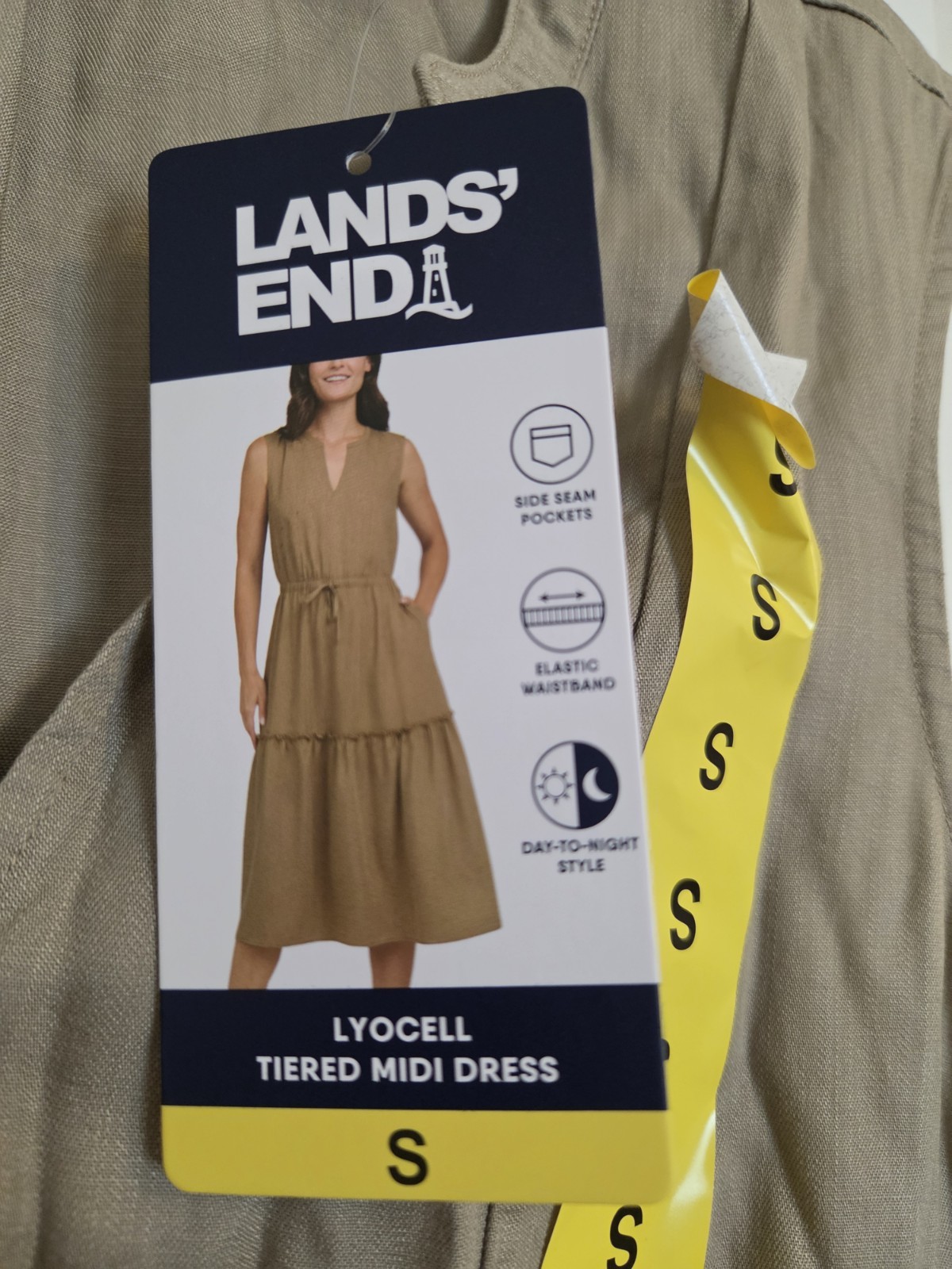 Lands’ End Lyocell Tiered Midi Dress V-Neck Sleeveless Beige S Pockets