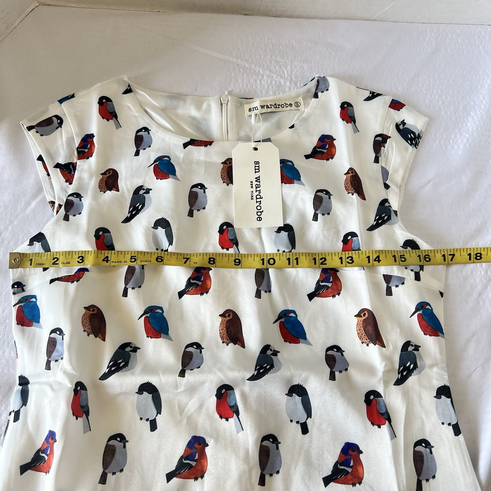 SM Wardrobe NY White Cap Sleeve Birds Artsy Boho Dress W/Pockets Sz Small NEW!