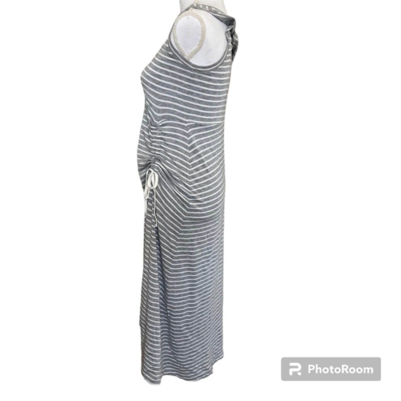 CAbi Maxi Dress Easy Style #5974 Small Grey White Stripe Ruching Stretchy Comfy