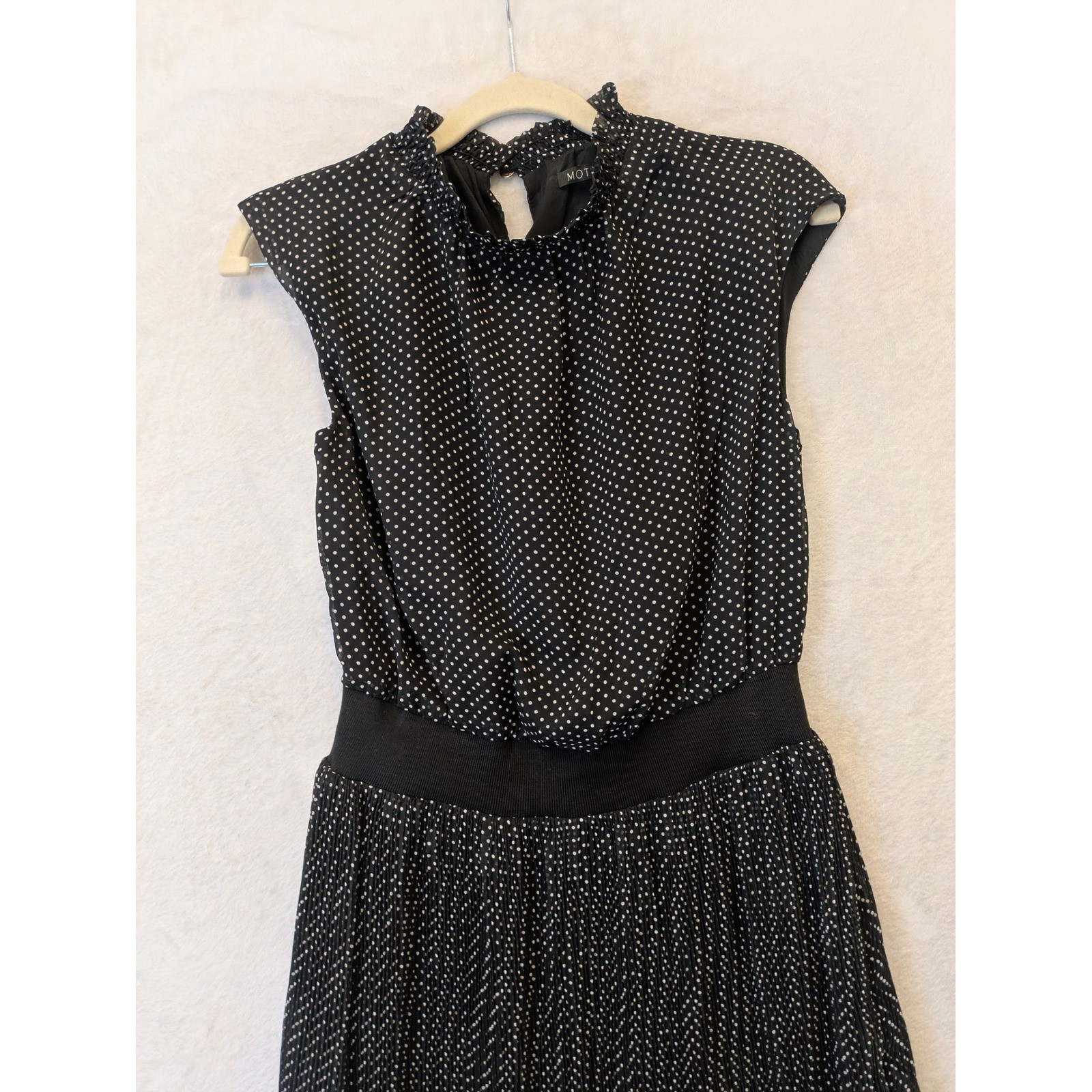 MOTF Polka Dot Mock Neck Pleated Midi Dress Black White Size S
