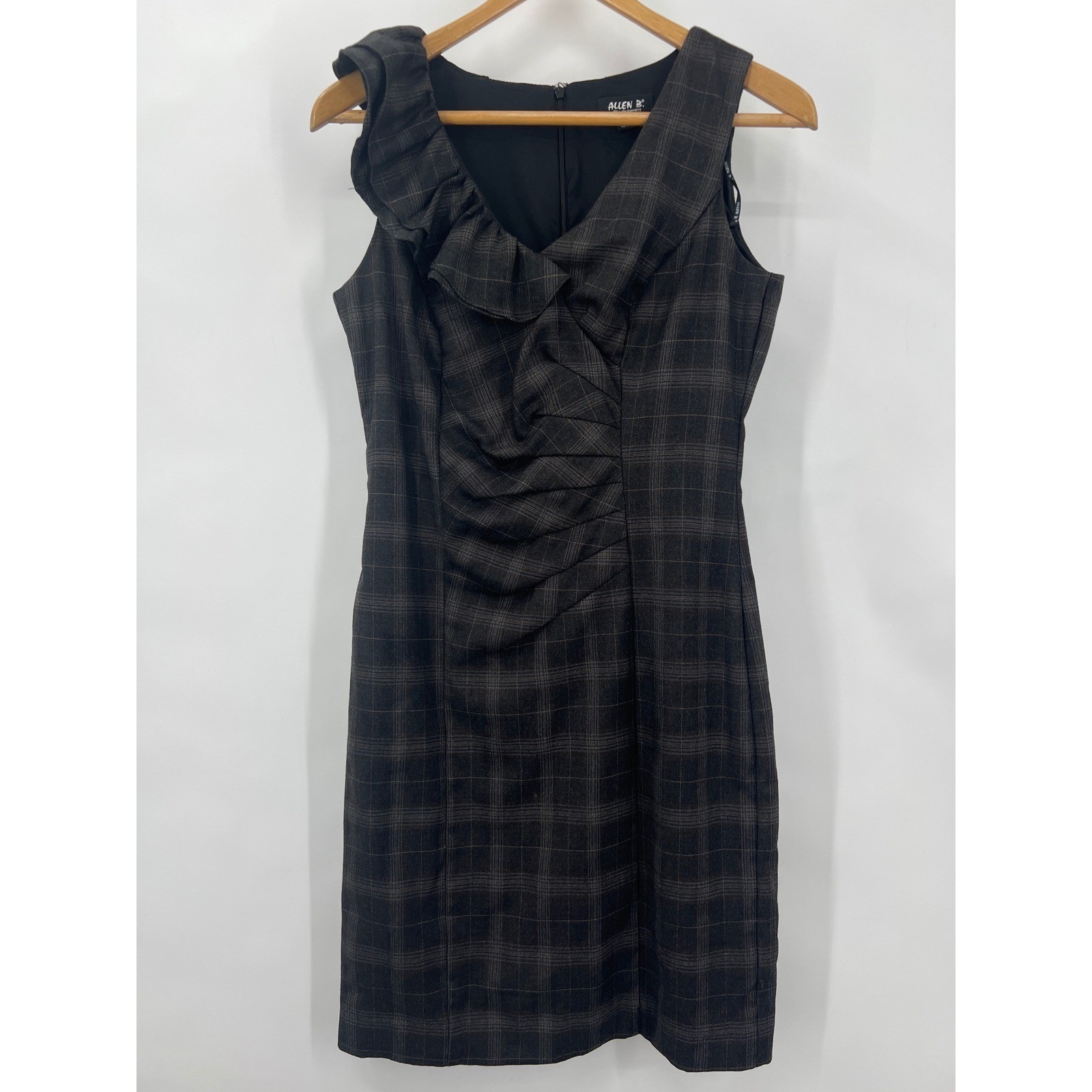 Allen B. Schwartz Plaid Ruffle V-Neck Sheath 4 Dress Grey Brown Twee Preppy