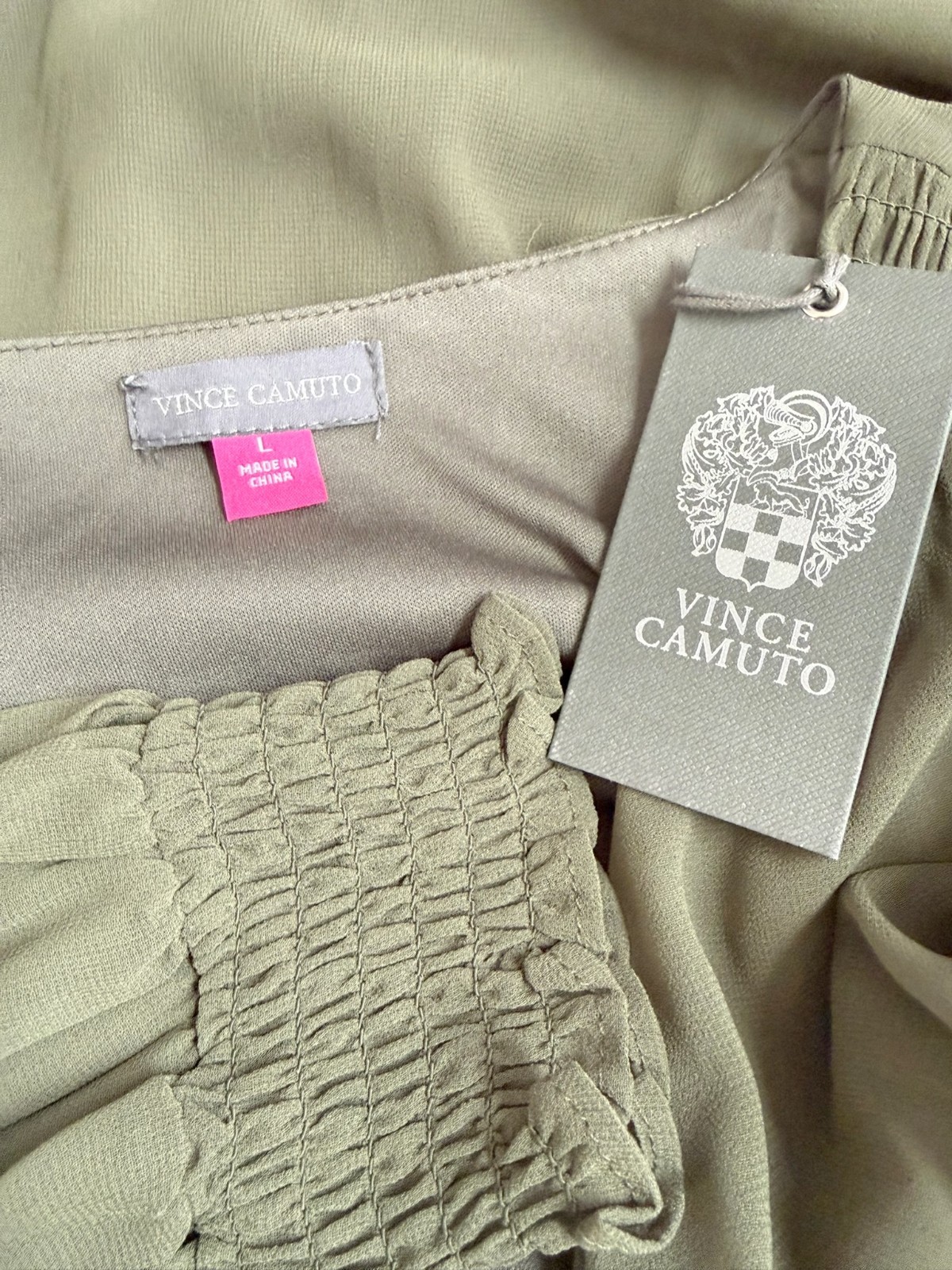 NWT Vince Camuto Women’s L Khaki Green Fit & Flare Faux Wrap Dress w Ruffle Hem