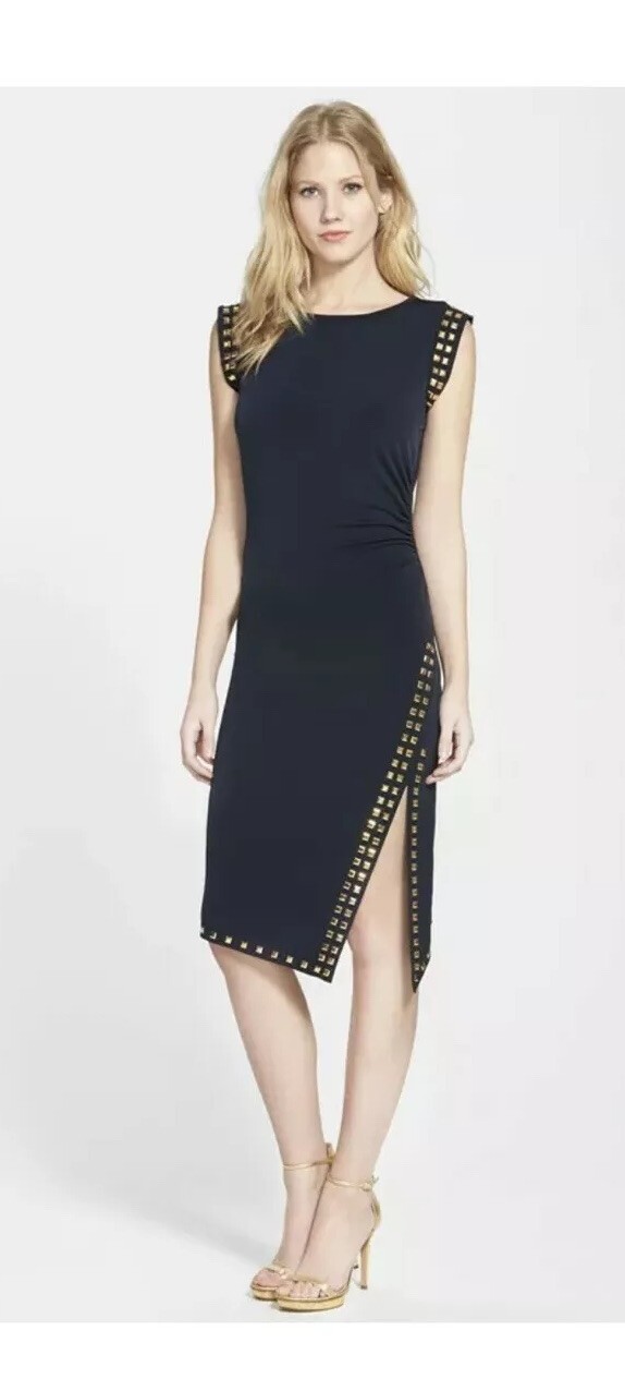 MICHAEL Michael Kors Asymmetrical Studded Sleeveless Side Slit Sheath Dress, S