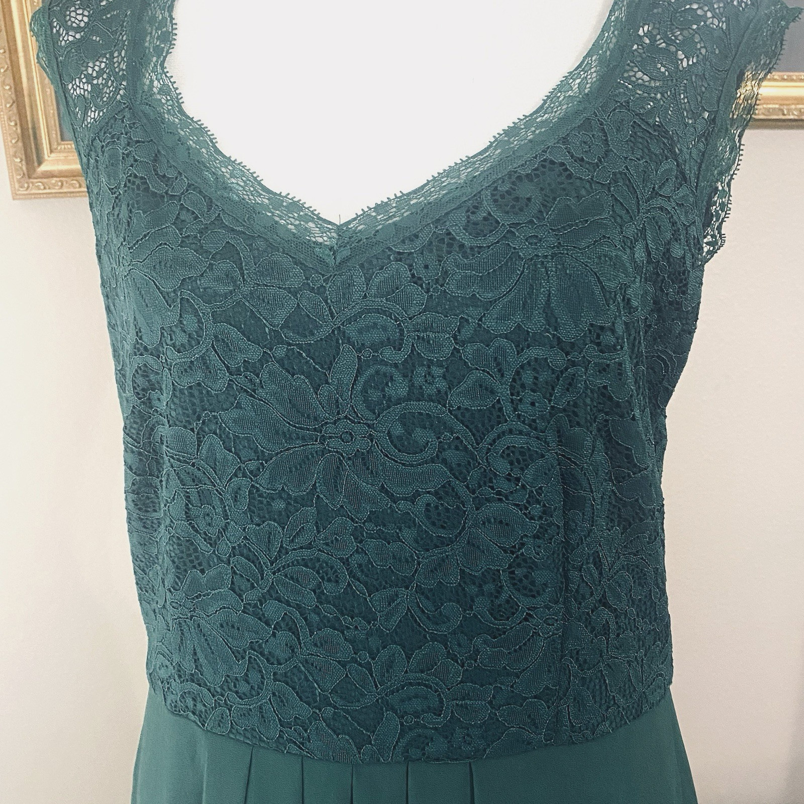 NWT Miusol Dark Green Sz L Evening Gown Lace Bodice Crepe Skirt Sleeveless Lined
