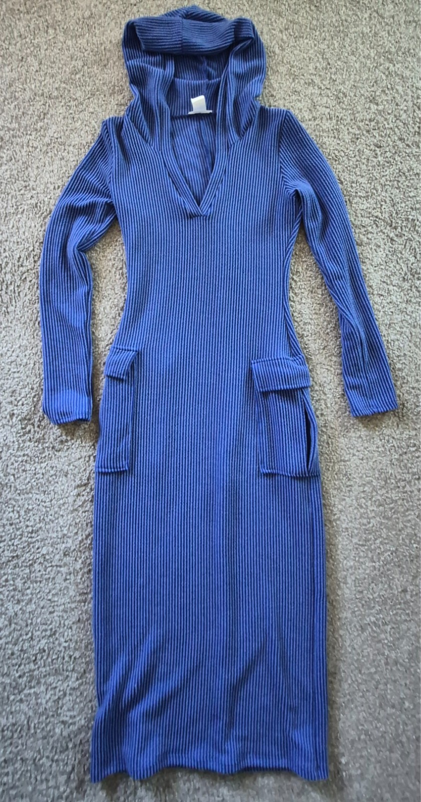 women’s midi blue ribbed hooded stretch long sleeve vneck dress size Large